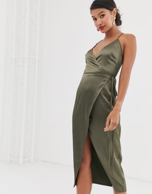 asos design cami wrap midi dress with tie waist