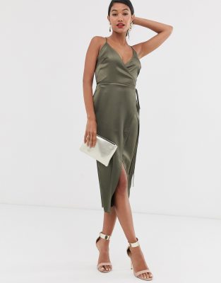 asos design cami midi dress with wrap waist in satin