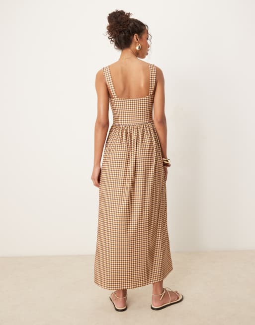 ASOS DESIGN - Cami-midikjole med brune gingham-tern i bengalin, 2 af 4