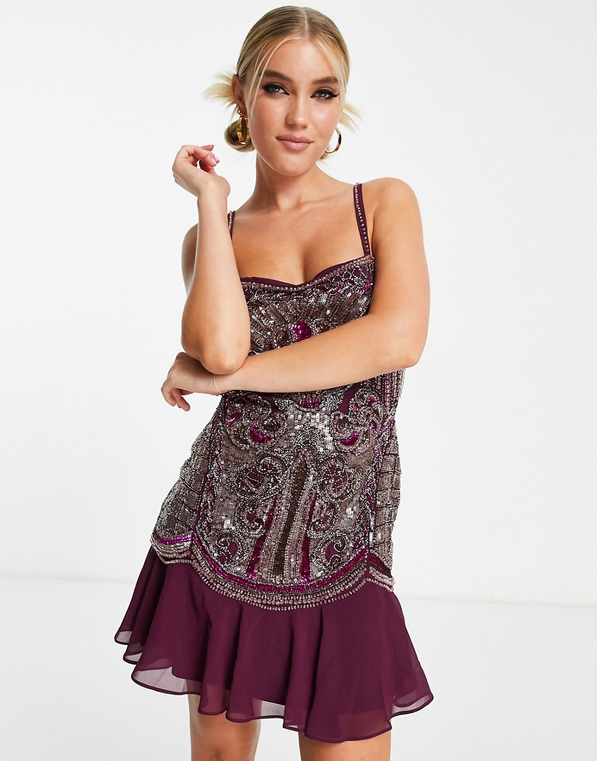 Asos Design Cami Mini Dress With Artwork Embellishment And Ruffle Hem In Plum-purple