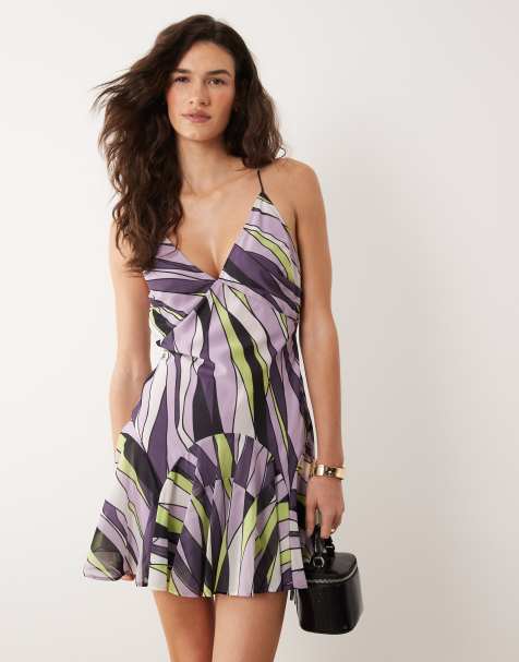 ASOS DESIGN cami mini dress with cowl back in lilac stripe - view 1