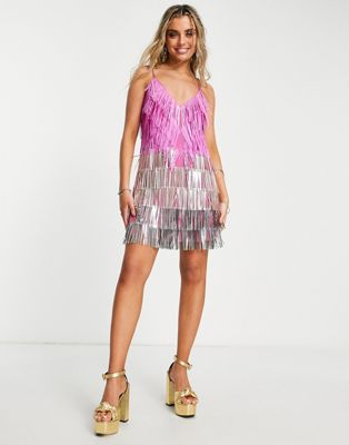 ASOS DESIGN cami mini dress with embellished tassels in pink and silver