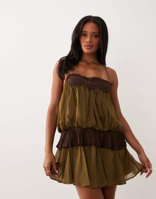 Asos Design Cami Mini Dress With Lace Detail And Ruffle Skirt In Green