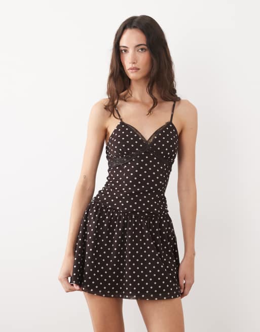 ASOS DESIGN cami mini dress with lace detail in mono polka dot, 2 of 4