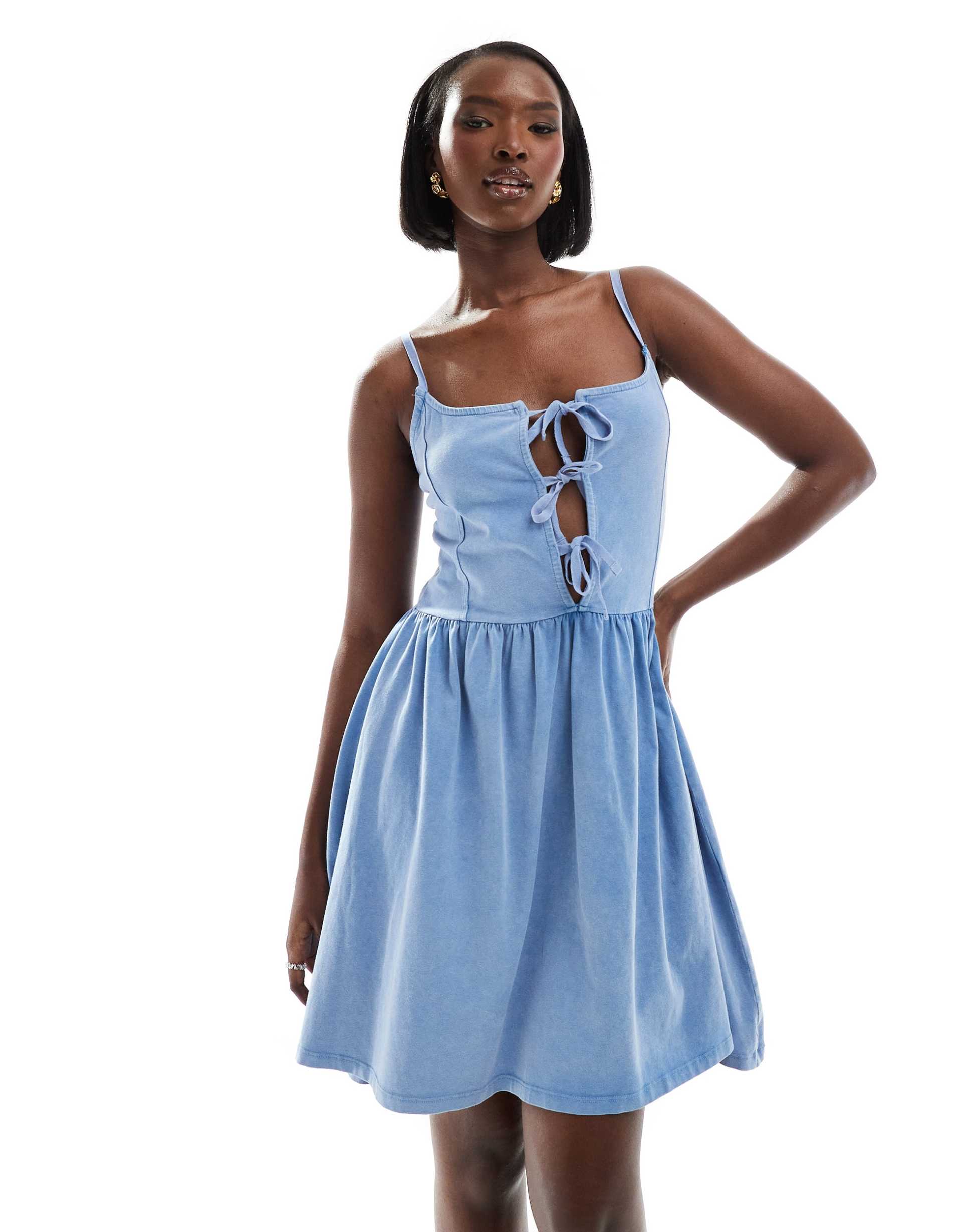 asos design cami mini dress with tie front bodice and full skirt in blue