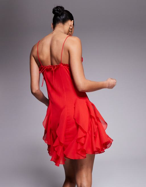 ASOS DESIGN - Cami mini jurk met ruches langs de hals en godetzoom in rood, 3 van 4