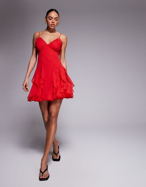 ASOS DESIGN - Cami mini jurk met ruches langs de hals en godetzoom in rood, 4 van 4