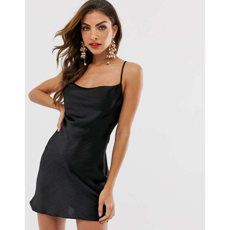 ASOS DESIGN cami mini slip dress in high shine satin with lace up back in  black