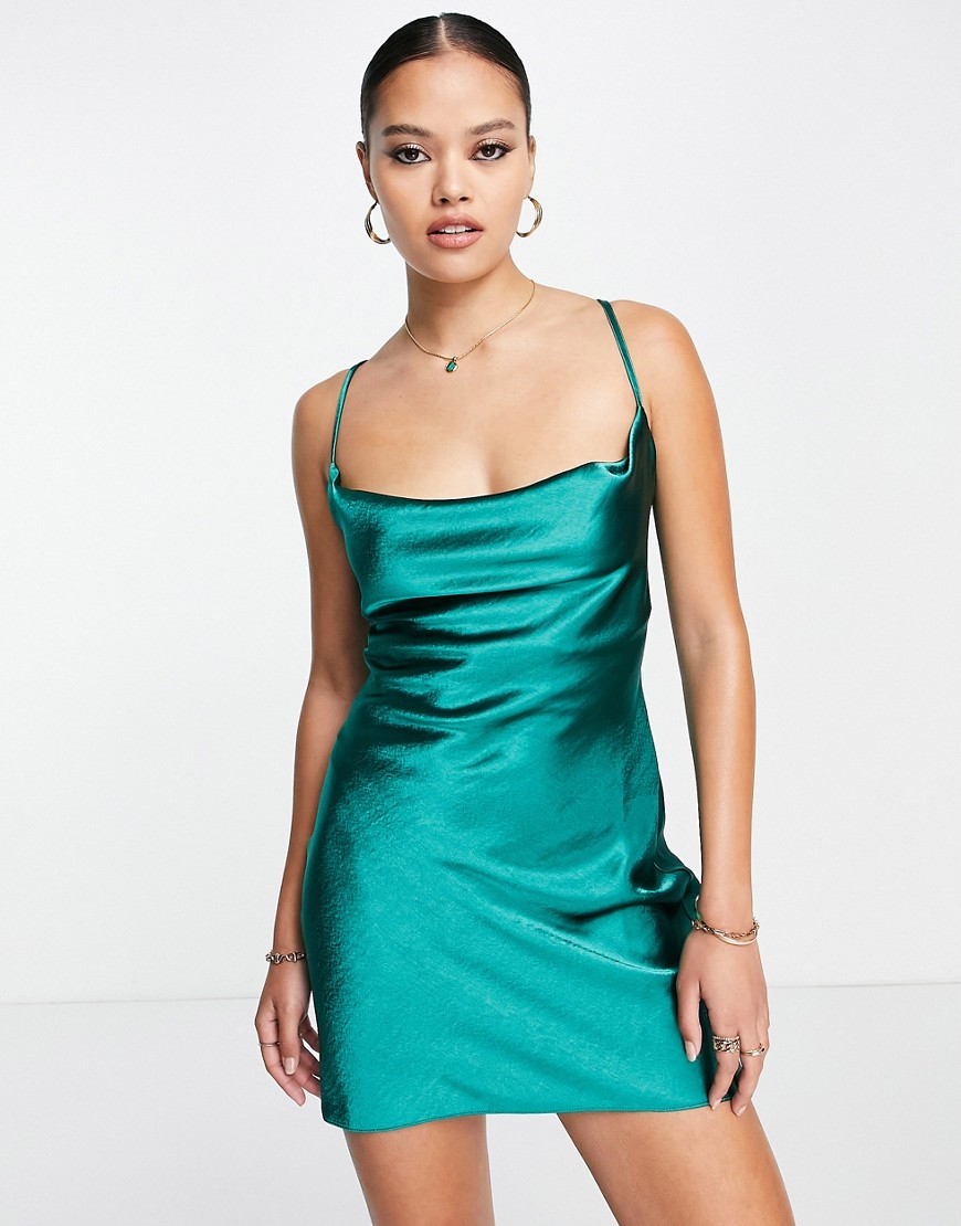 ASOS DESIGN cami mini slip dress in high shine satin with lace up back in green