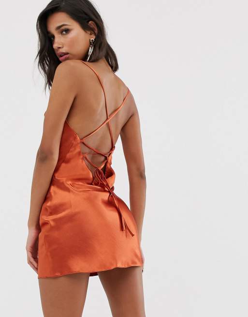 ASOS DESIGN cami mini slip dress in high shine satin with lace up