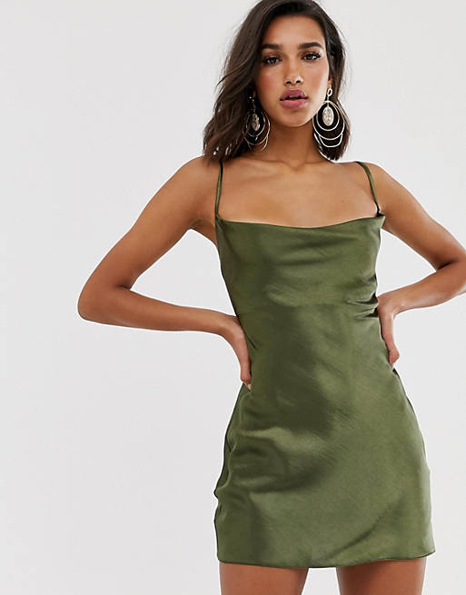ASOS DESIGN cami mini slip dress in high shine satin with lace up back