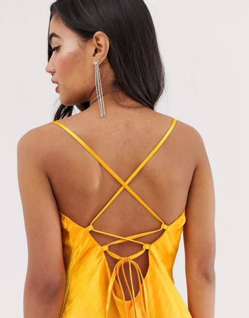 Asos design cami mini slip dress in high shine satin with lace up back sales