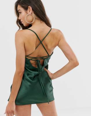 asos design cami mini slip dress in high shine satin with lace up back