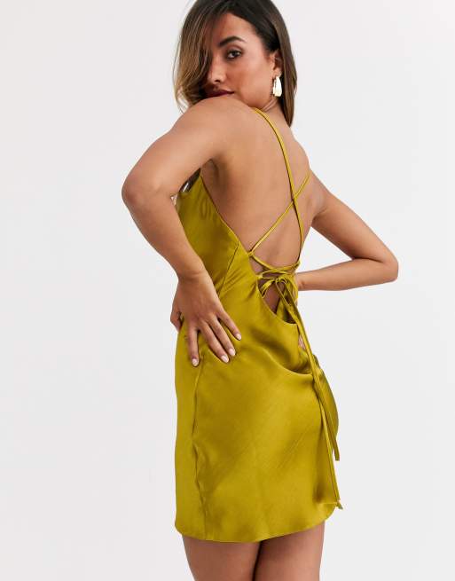 ASOS DESIGN cami mini slip dress in high shine satin with lace up back