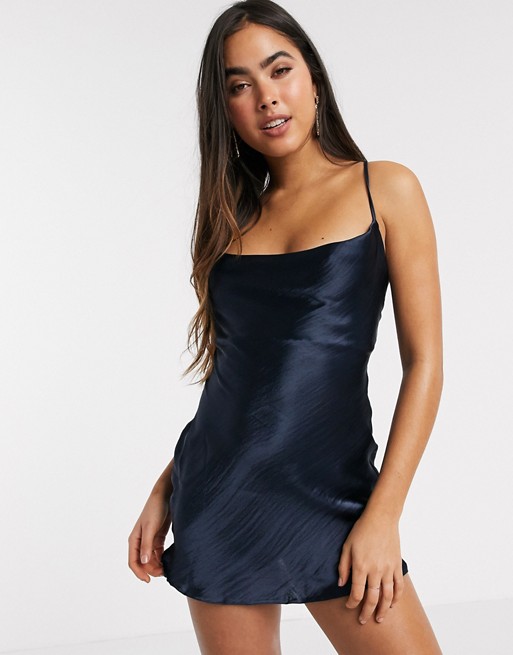 ASOS DESIGN cami mini slip dress in high shine satin with lace up back