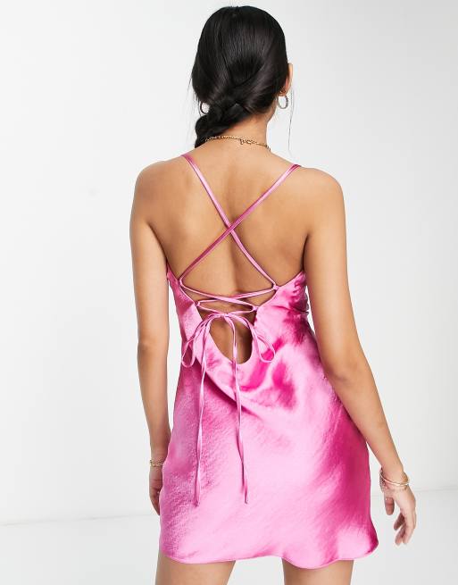 ASOS DESIGN cami mini slip dress in high shine satin with lace up back