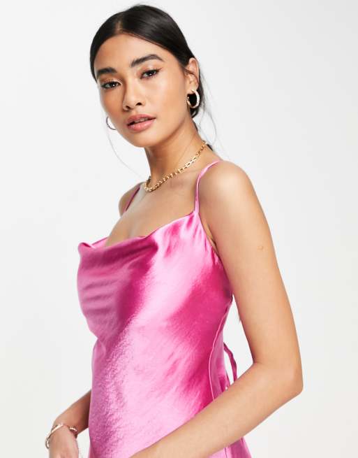 ASOS DESIGN cami mini slip dress in high shine satin with lace up back in  black