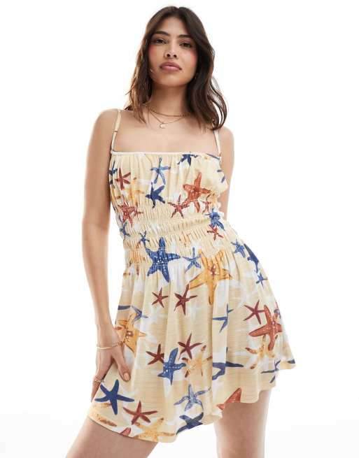 ASOS DESIGN - Cami-minikjole med firkantet hals og rynket livstykke i søstjerneprint