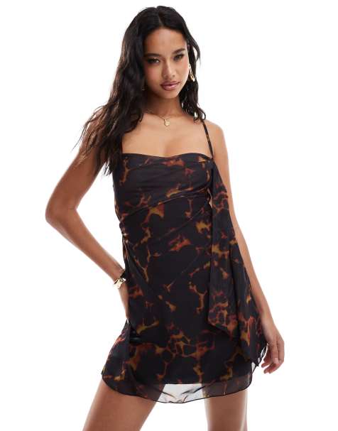 ASOS DESIGN - Cami-minikjole med vandfaldsudskæring og asymmetrisk kant og dyreprint - view 1