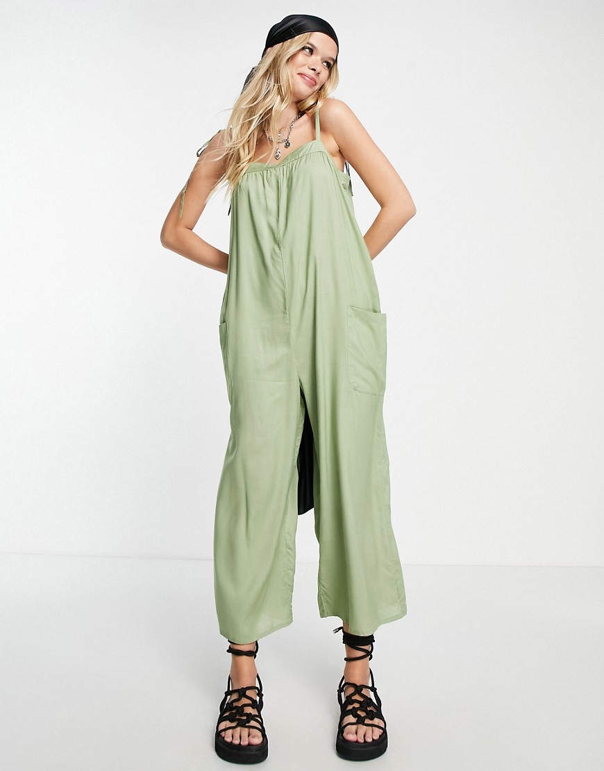 ASOS DESIGN cami minimal pocket jumpsuit in khaki-Green