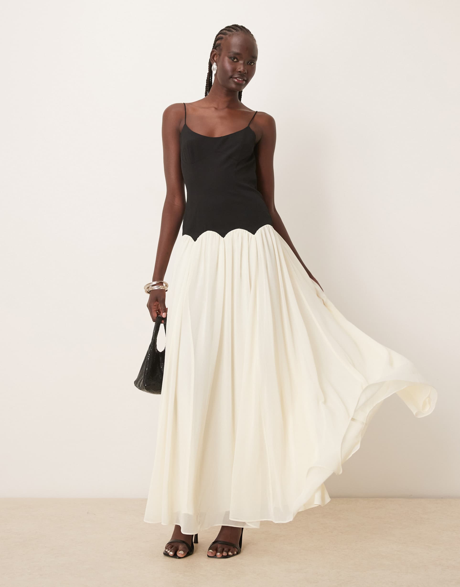 asos design cami mixed fabric maxi dress with dropped waist in black and white color block