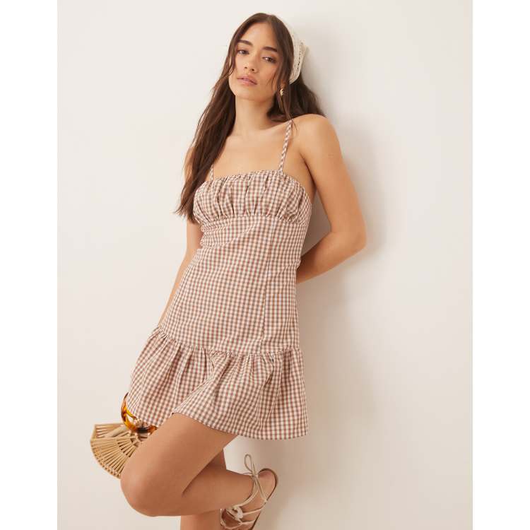 motel rocks brown gingham dress Galuh Smock Dress in Mini Brown Gingham