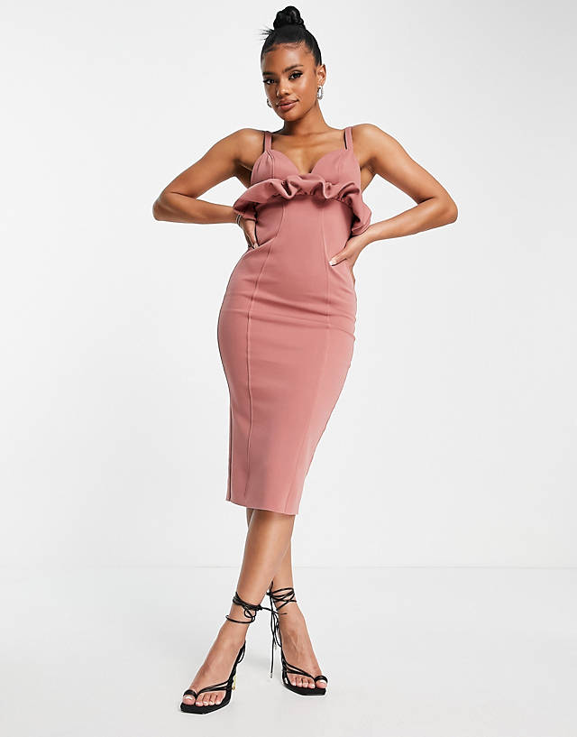 ASOS DESIGN cami pencil midi dress with bubble waist in dusky pink