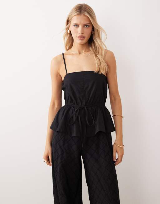 ASOS DESIGN cami peplum waist jumpsuit with embroidered pants in black, 2 of 4