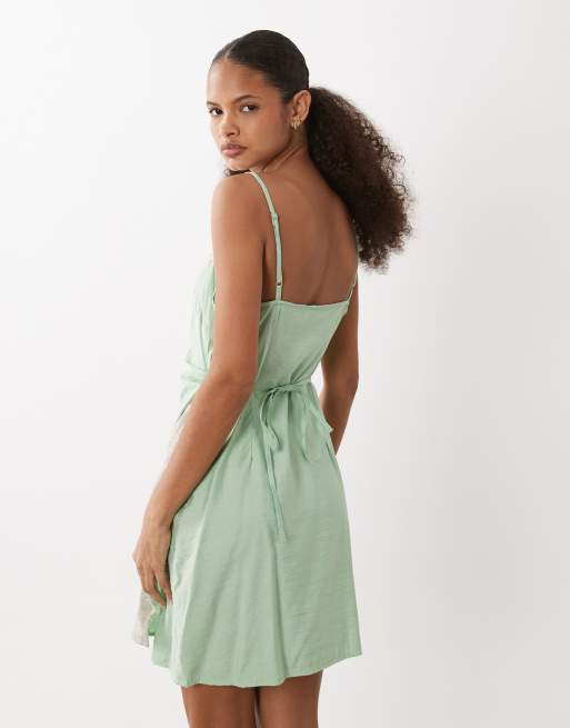 ASOS DESIGN cami pink lace applique crushed satin mini dress in washed  pistachio | ASOS
