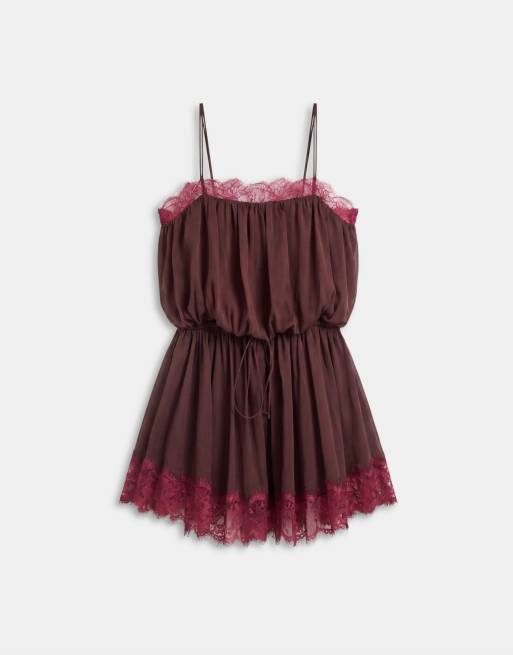 ASOS DESIGN cami playsuit with lace trims in burgundy, 7 of 10