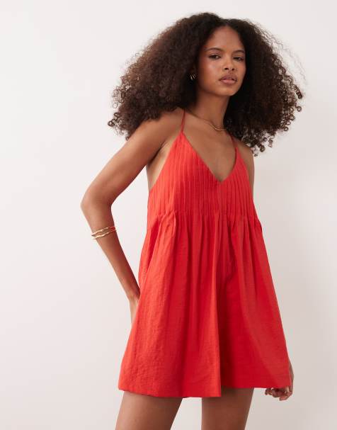 ASOS DESIGN cami playsuit with pintucks in red - view 1
