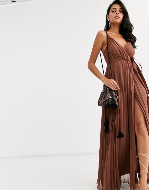 cami pleated maxi dress with grosgrain tie waist