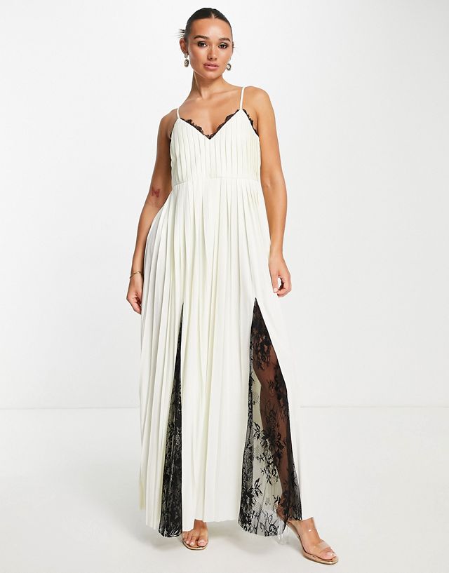 ASOS DESIGN cami pleated maxi dress with lace inserts in cream