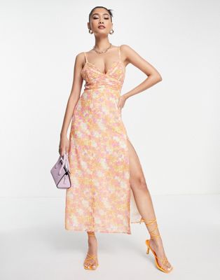 ASOS DESIGN cami pleated midi dress with split in coral floral print | ASOS