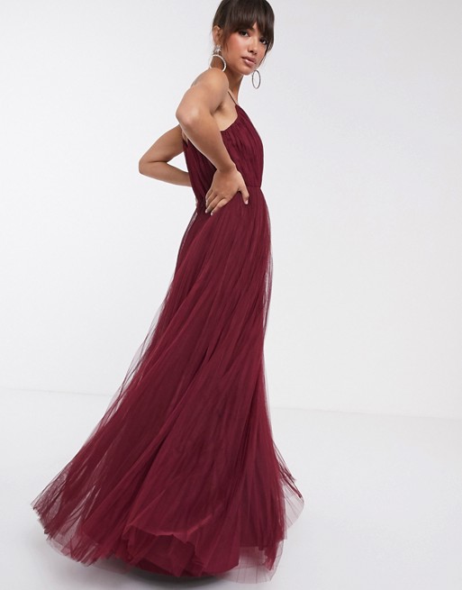 ASOS DESIGN cami pleated tulle maxi dress in oxblood