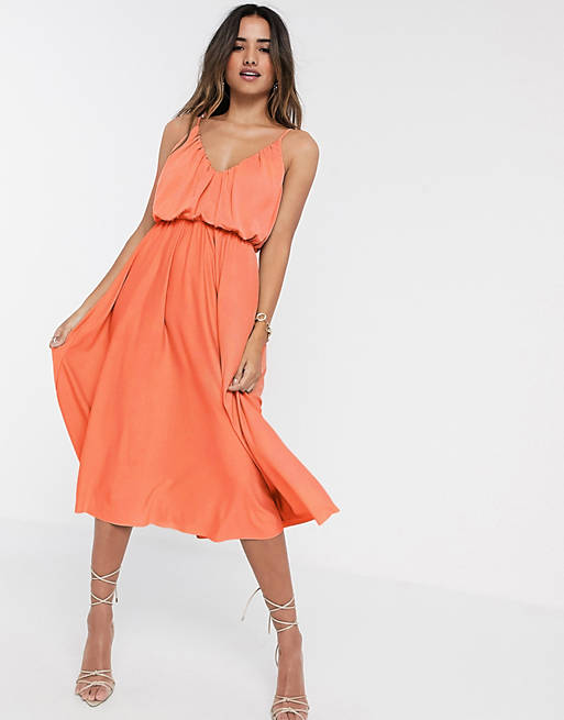 Dresses cami plunge midi dress with blouson top in coral 