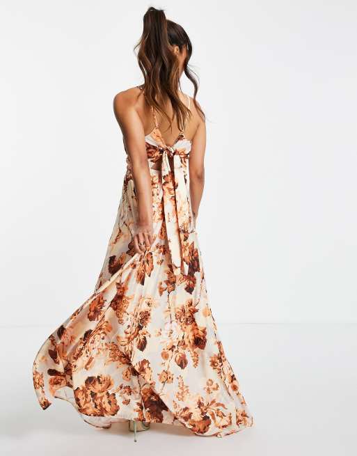 Floerns Women's Twist Front Backless Tie Back V Neck Floral Cami Maxi Dress  A Brown XS at  Women's Clothing store