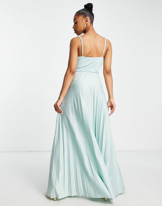 ASOS DESIGN cami plunge tie front pleated maxi dress in plain duck egg - MBLUE PB11056