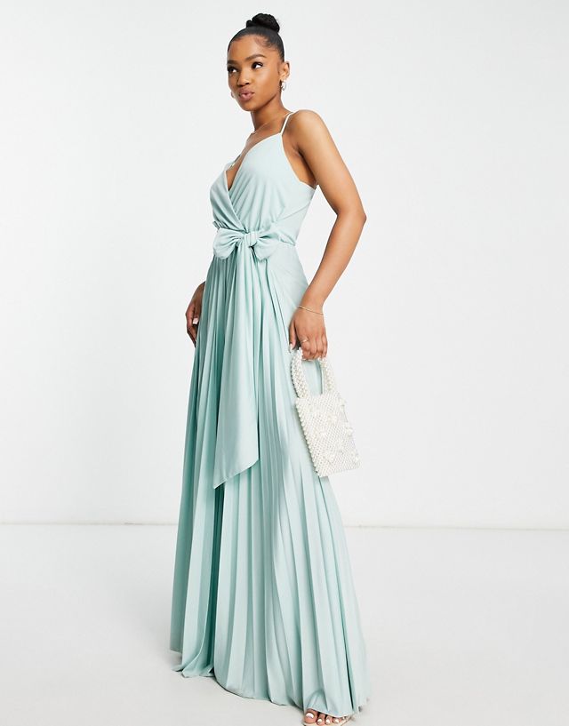 ASOS DESIGN cami plunge tie front pleated maxi dress in plain duck egg - MBLUE PB11056