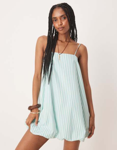 ASOS DESIGN cami puff ball mini dress in green stripe - view 1