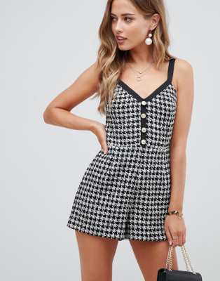 ASOS DESIGN cami romper in houndstooth check with gold buttons-Multi