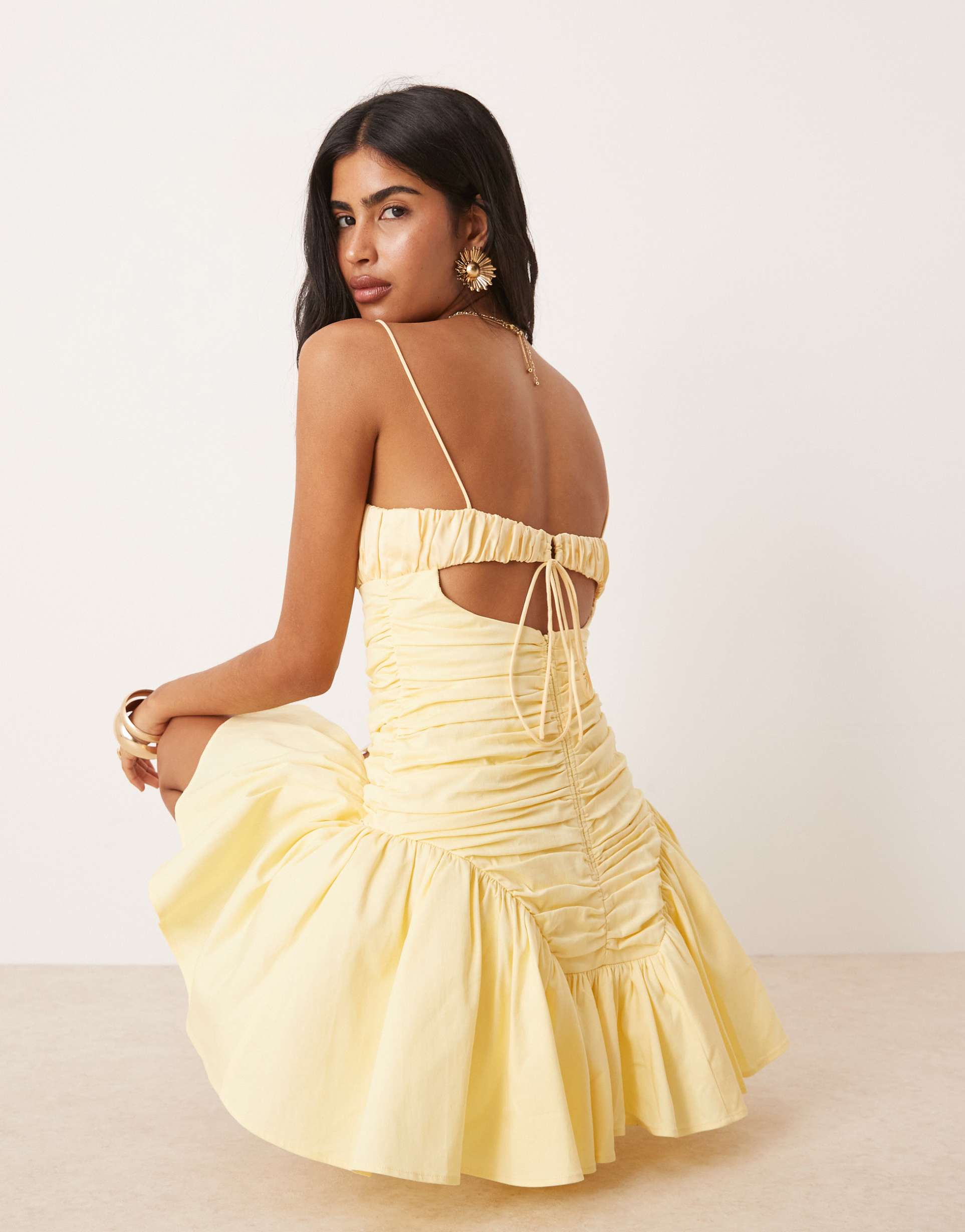 asos design cami ruched bust full skirt mini dress in lemon