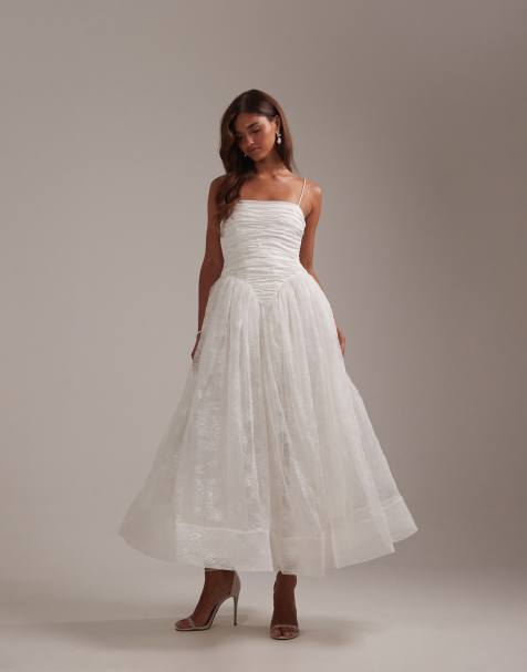 ASOS DESIGN cami ruched bust maxi wedding dress with full lace skirt in ivory - view 1