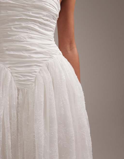 ASOS DESIGN cami ruched bust maxi wedding dress with full lace skirt in ivory, 2 of 6