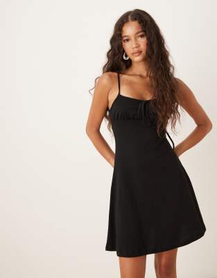 ASOS DESIGN cami ruched bust mini dress with flare hem in black