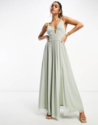 ASOS DESIGN Bridesmaid lace-up back maxi slip dress in sage green