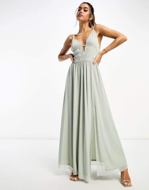 ASOS DESIGN cami ruched lace up back maxi dress in sage green - view 1