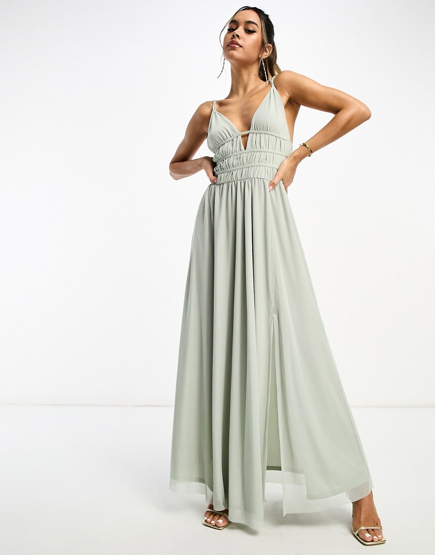 ASOS DESIGN cami ruched lace up back maxi dress in sage green