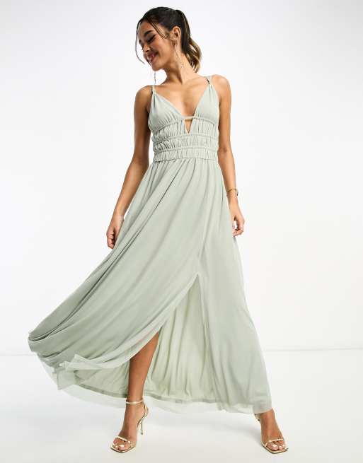 ASOS DESIGN Bridesmaid lace-up back maxi slip dress in sage green