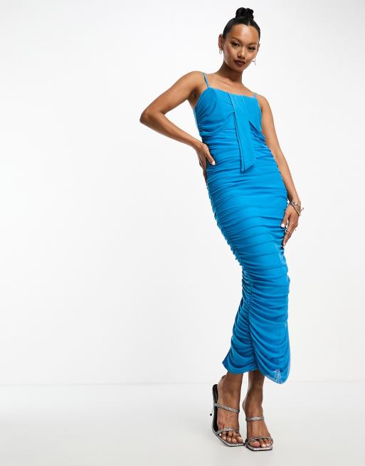 Rare London bandeau mesh corset midi dress in bright blue